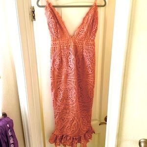 🌹PrettyLittleThing Sz 4  NWT Pink Strappy Thick Lace Frill Hem MIDI Dress!